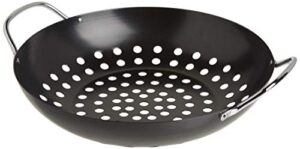 tablecraft bbq metal handle 13-inch non stick coating round grilling wok, small, black
