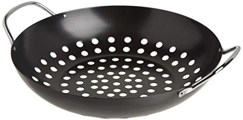 TableCraft BBQ Metal Handle 13-Inch Non Stick Coating Round Grilling Wok, Small, Black