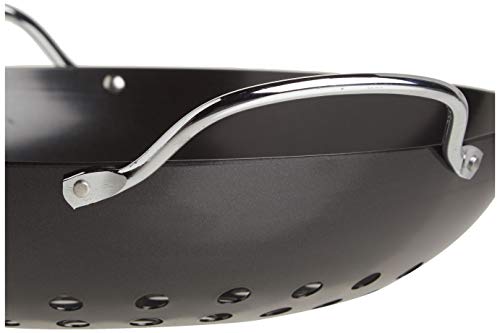 TableCraft BBQ Metal Handle 13-Inch Non Stick Coating Round Grilling Wok, Small, Black