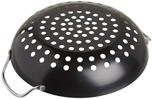 TableCraft BBQ Metal Handle 13-Inch Non Stick Coating Round Grilling Wok, Small, Black