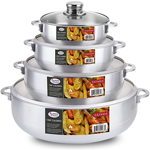 Alpine Cuisine 8 Piece Set Aluminum Caldero Stock Pot with Glass Lid, Commercial Grade Cooking Dutch Oven