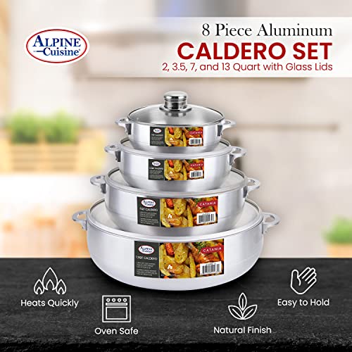 Alpine Cuisine 8 Piece Set Aluminum Caldero Stock Pot with Glass Lid, Commercial Grade Cooking Dutch Oven