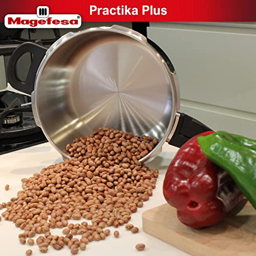 Magefesa® Practika Plus Super Fast pressure cooker, 8 Quart, 18/10 stainless steel, suitable induction, excellent heat distribution, 5-layer encapsulated heat diffuser bottom, 5 safety systems