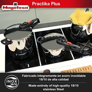 Magefesa® Practika Plus Super Fast pressure cooker, 8 Quart, 18/10 stainless steel, suitable induction, excellent heat distribution, 5-layer encapsulated heat diffuser bottom, 5 safety systems