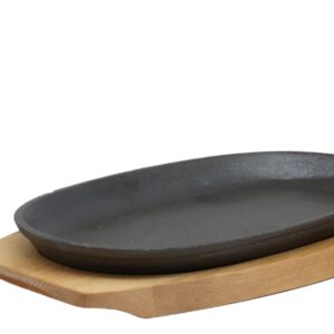 Ebros Personal Sized 9.5"Lx5.5"W Cast Iron Sizzling Fajita Skillet Japanese Steak Plate With Handle and Wooden Base For Restaurant Home Kitchen Cooking Accessory For Pan Grilling Meats Seafood