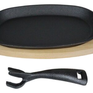 Ebros Personal Sized 9.5"Lx5.5"W Cast Iron Sizzling Fajita Skillet Japanese Steak Plate With Handle and Wooden Base For Restaurant Home Kitchen Cooking Accessory For Pan Grilling Meats Seafood