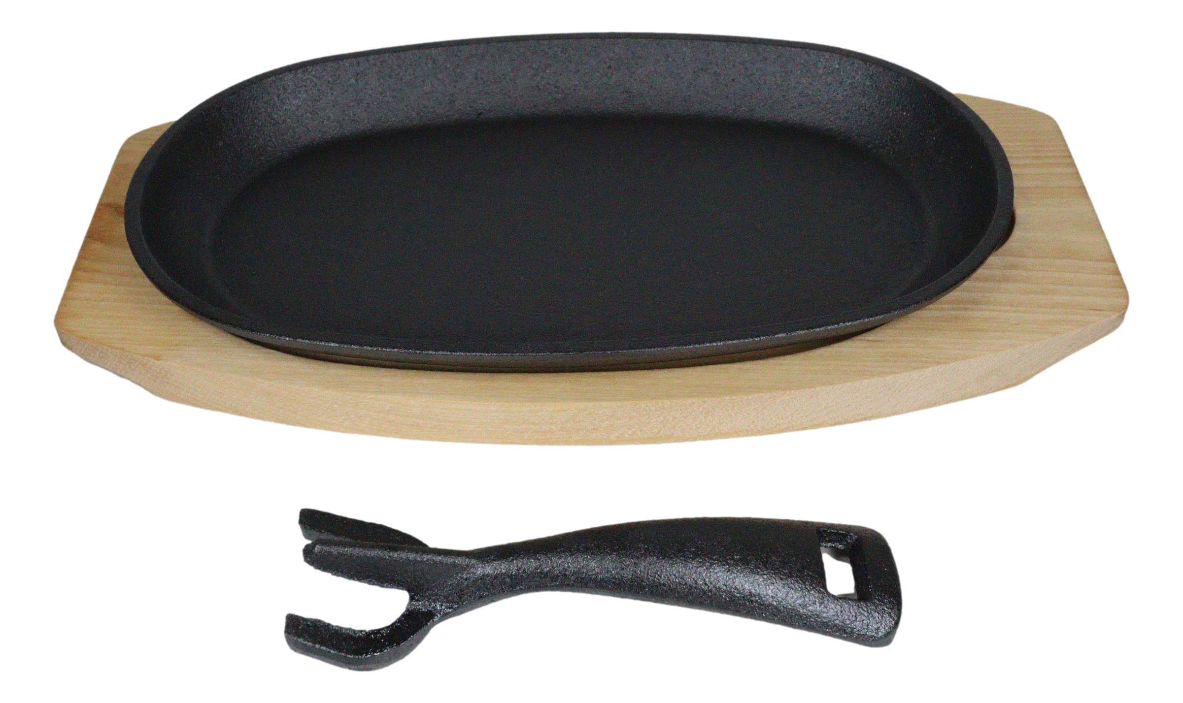 Ebros Personal Sized 9.5"Lx5.5"W Cast Iron Sizzling Fajita Skillet Japanese Steak Plate With Handle and Wooden Base For Restaurant Home Kitchen Cooking Accessory For Pan Grilling Meats Seafood