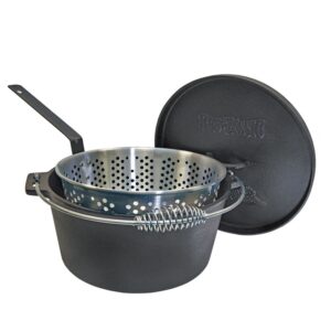 bayou classic 7465 14-qt cast iron dutch oven w/ perforated aluminum fry basket features flanged camp lid stainless coil wire handle grip perfect for baking frying one-pot meals stews and chili