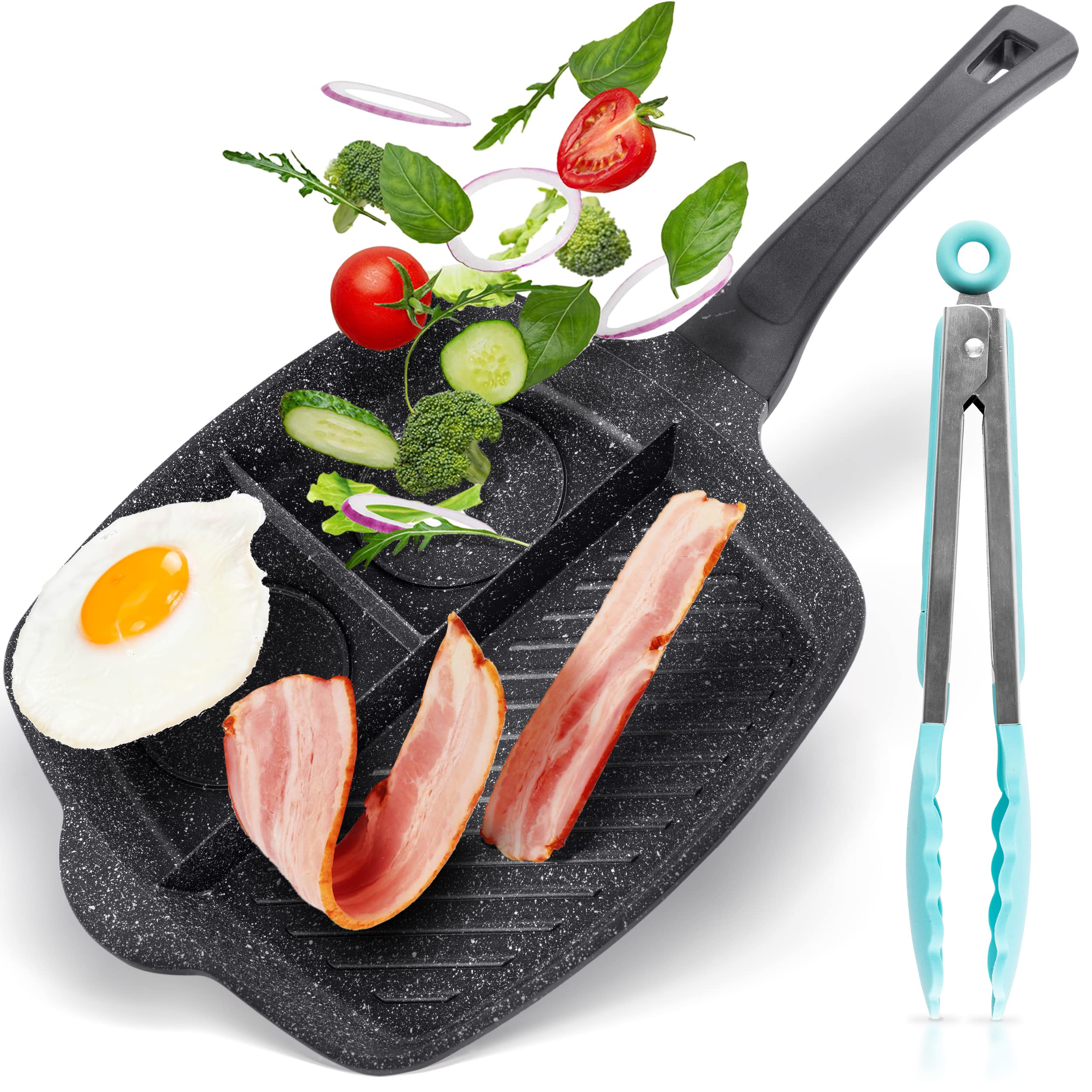 3 Section Pan Skillet - Square 3 in 1 Breakfast Pan - 10 inch Frying Pan Nonstick - All in One Split Sectioned Pan - Divided Pan for Cooking Egg Bacon Veggies