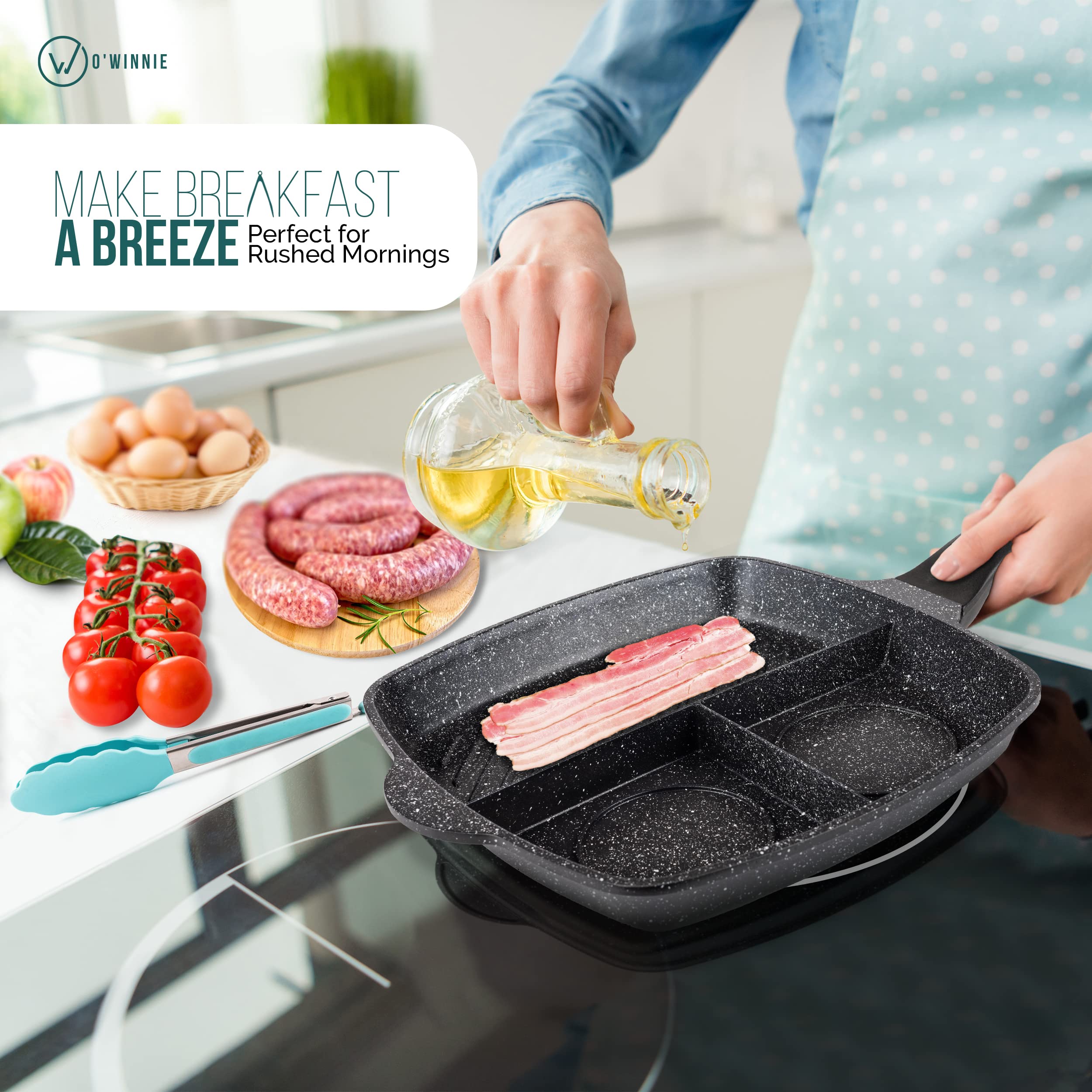 3 Section Pan Skillet - Square 3 in 1 Breakfast Pan - 10 inch Frying Pan Nonstick - All in One Split Sectioned Pan - Divided Pan for Cooking Egg Bacon Veggies