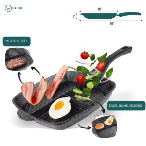 3 Section Pan Skillet - Square 3 in 1 Breakfast Pan - 10 inch Frying Pan Nonstick - All in One Split Sectioned Pan - Divided Pan for Cooking Egg Bacon Veggies