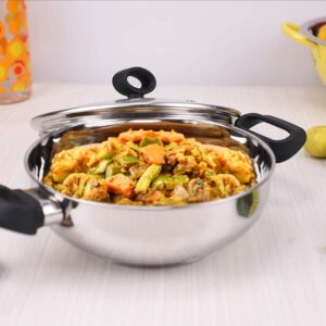 Vinod Deluxe Kadhai | Stainless Steel Wok | Tempered Glass Lid | Induction-Friendly| Sandwich Bottom | 22cm Capacity | 2.4 Liters(2.54 Quarts)|Multi-Use Pot| Suitable For Indian Cooking, Gravy, Stews