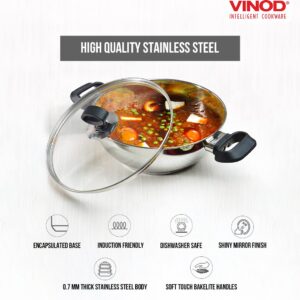 Vinod Deluxe Kadhai | Stainless Steel Wok | Tempered Glass Lid | Induction-Friendly| Sandwich Bottom | 22cm Capacity | 2.4 Liters(2.54 Quarts)|Multi-Use Pot| Suitable For Indian Cooking, Gravy, Stews