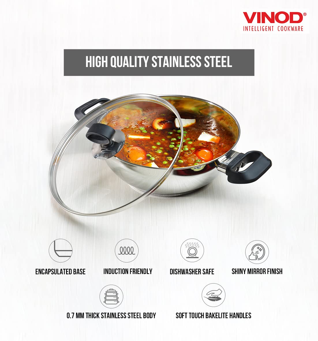 Vinod Deluxe Kadhai | Stainless Steel Wok | Tempered Glass Lid | Induction-Friendly| Sandwich Bottom | 22cm Capacity | 2.4 Liters(2.54 Quarts)|Multi-Use Pot| Suitable For Indian Cooking, Gravy, Stews