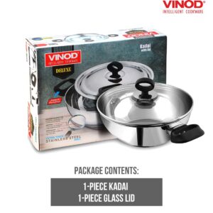 Vinod Deluxe Kadhai | Stainless Steel Wok | Tempered Glass Lid | Induction-Friendly| Sandwich Bottom | 22cm Capacity | 2.4 Liters(2.54 Quarts)|Multi-Use Pot| Suitable For Indian Cooking, Gravy, Stews