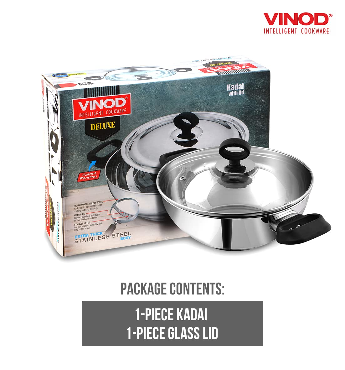 Vinod Deluxe Kadhai | Stainless Steel Wok | Tempered Glass Lid | Induction-Friendly| Sandwich Bottom | 22cm Capacity | 2.4 Liters(2.54 Quarts)|Multi-Use Pot| Suitable For Indian Cooking, Gravy, Stews