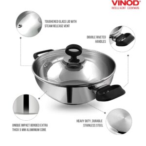 Vinod Deluxe Kadhai | Stainless Steel Wok | Tempered Glass Lid | Induction-Friendly| Sandwich Bottom | 22cm Capacity | 2.4 Liters(2.54 Quarts)|Multi-Use Pot| Suitable For Indian Cooking, Gravy, Stews