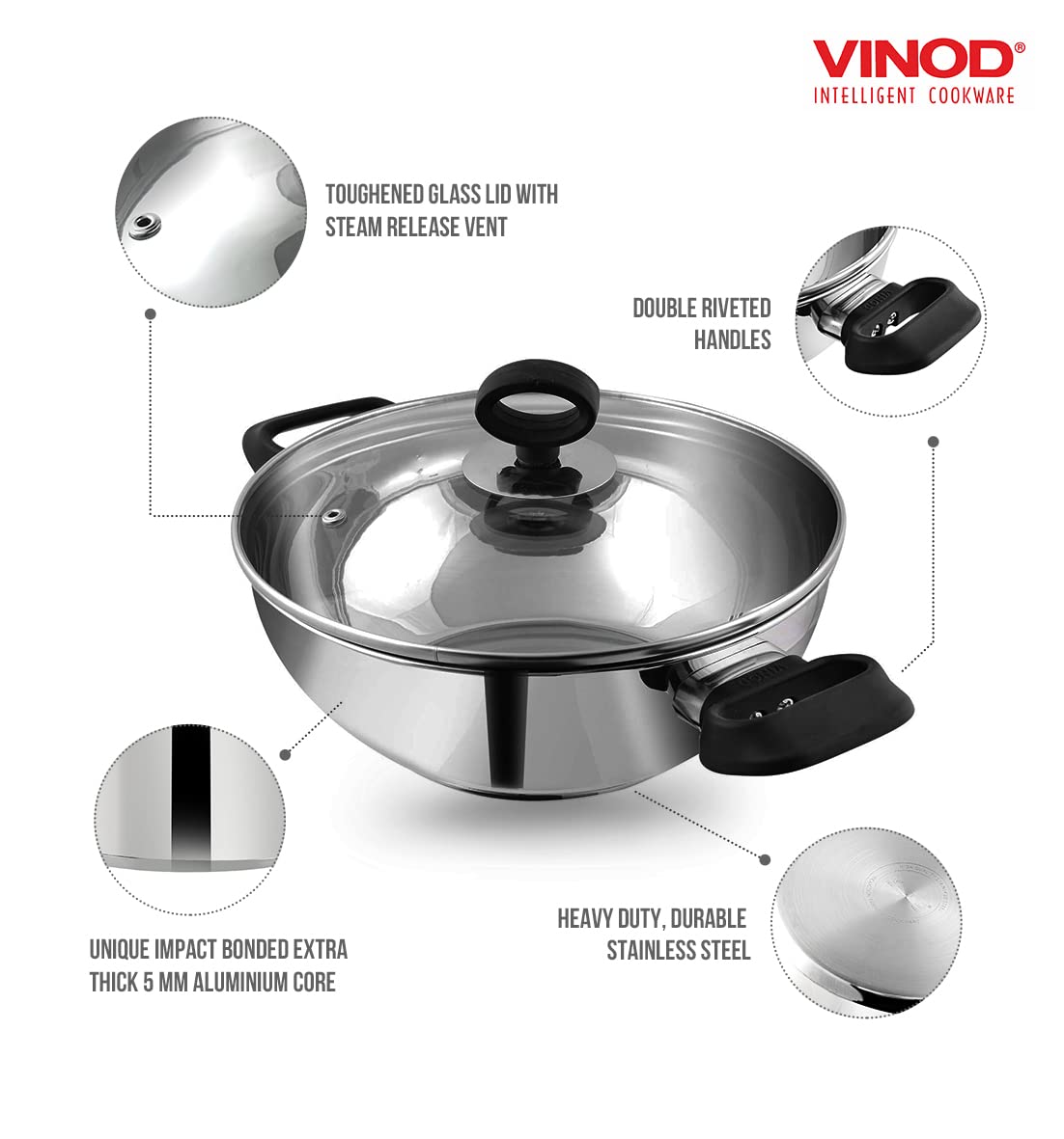 Vinod Deluxe Kadhai | Stainless Steel Wok | Tempered Glass Lid | Induction-Friendly| Sandwich Bottom | 22cm Capacity | 2.4 Liters(2.54 Quarts)|Multi-Use Pot| Suitable For Indian Cooking, Gravy, Stews