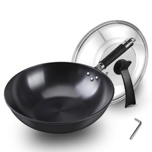 kakulo 12 inch stir fry pan with lid, large cooking pan with detachable standing handle - induction compatible