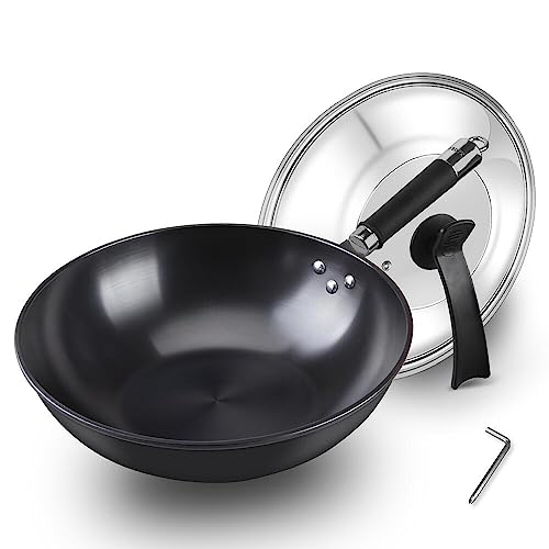 KAKULO 12 Inch Stir Fry Pan with Lid, Large Cooking Pan with Detachable Standing Handle - Induction Compatible