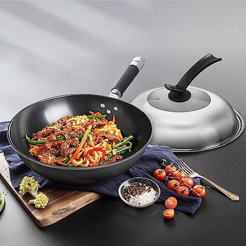 KAKULO 12 Inch Stir Fry Pan with Lid, Large Cooking Pan with Detachable Standing Handle - Induction Compatible