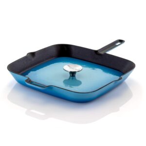 megachef enamel cast iron pan with matching grill press, 11 inch, blue