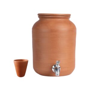 village decor handmade earthen clay water pot | clay beverage dispenser with stainless steel faucet and clay glass, capacity 6000 ml / 202 oz
