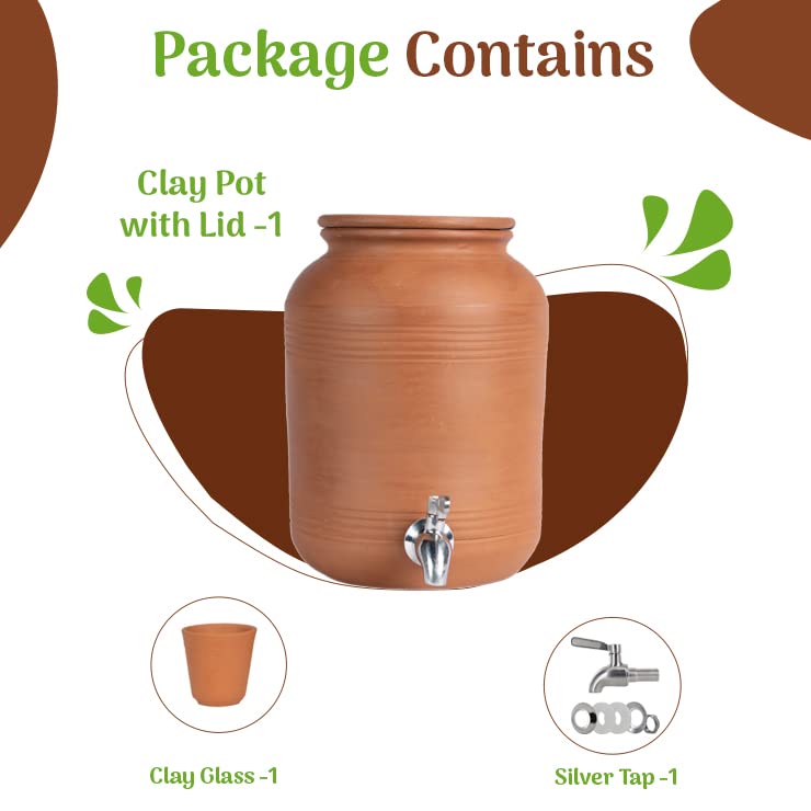 Village Decor Handmade Earthen Clay Water Pot | Clay Beverage Dispenser with Stainless Steel Faucet and Clay Glass, Capacity 6000 ml / 202 oz