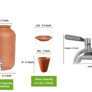 Village Decor Handmade Earthen Clay Water Pot | Clay Beverage Dispenser with Stainless Steel Faucet and Clay Glass, Capacity 6000 ml / 202 oz