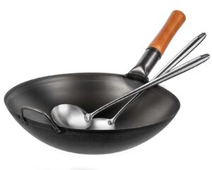 yosukata carbon steel wok pan 14 17’’ wok spatula and ladle - set of 2 heat-resistant wok tools