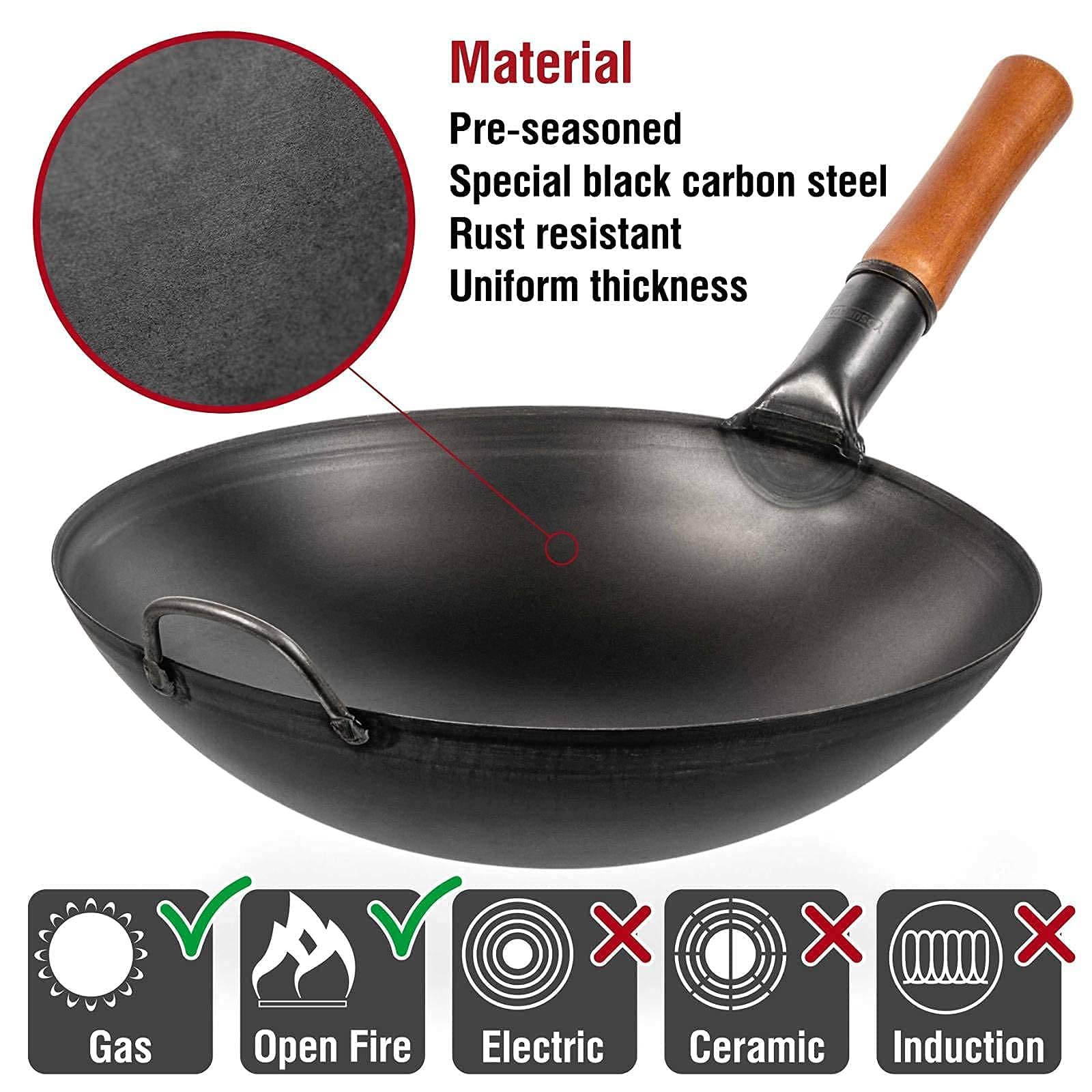 YOSUKATA Carbon Steel Wok Pan 14 17’’ Wok Spatula and Ladle - Set of 2 Heat-Resistant Wok Tools