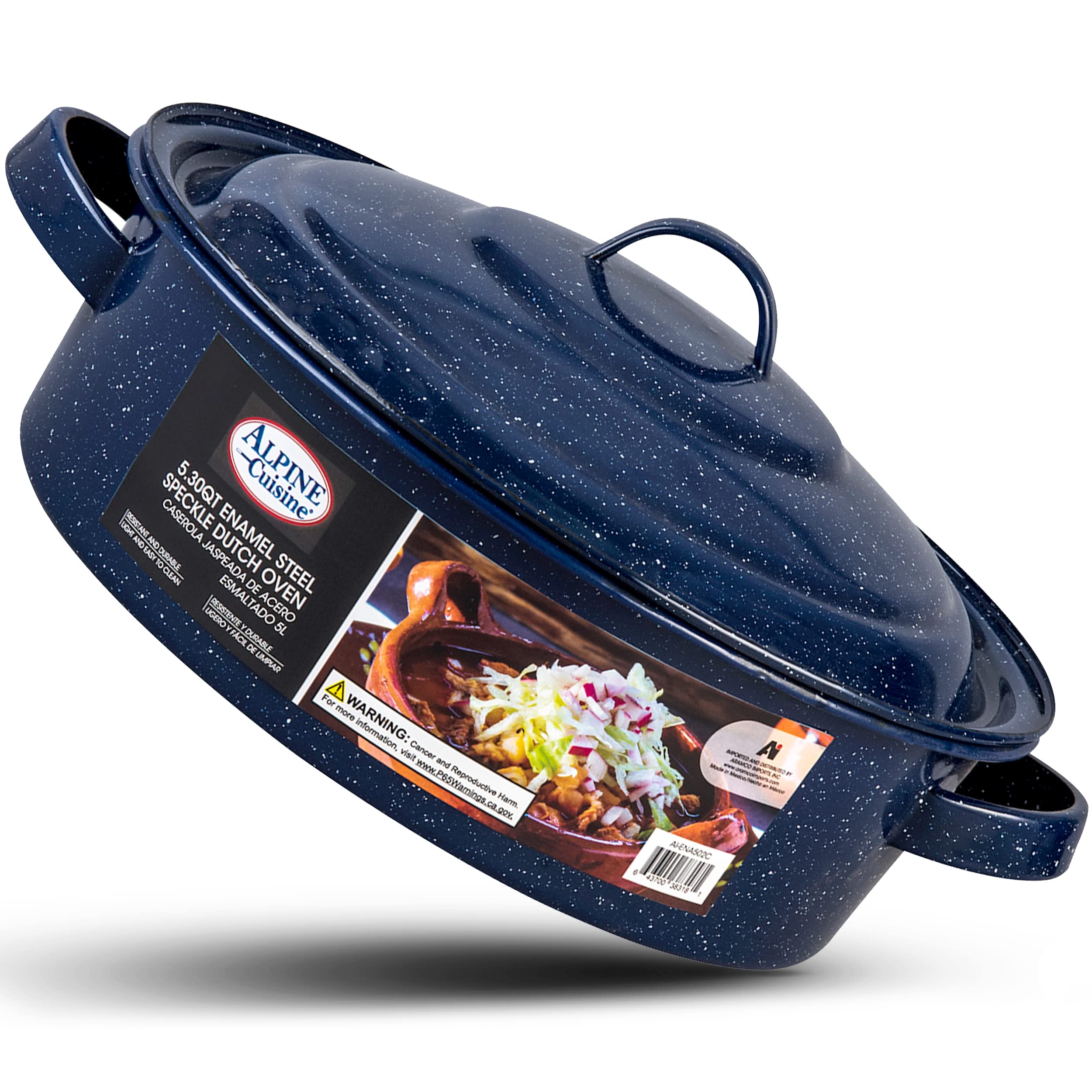 Alpine Cuisine Enamel Steel Dark Blue Speckle Dutch Oven 5.3 Quart - Non-Stick Coating Dutch Oven Pot with Lid & Eco-Friendly Carrying Handles, Multi-Purpose Cookware Pot for Baking, Roasting