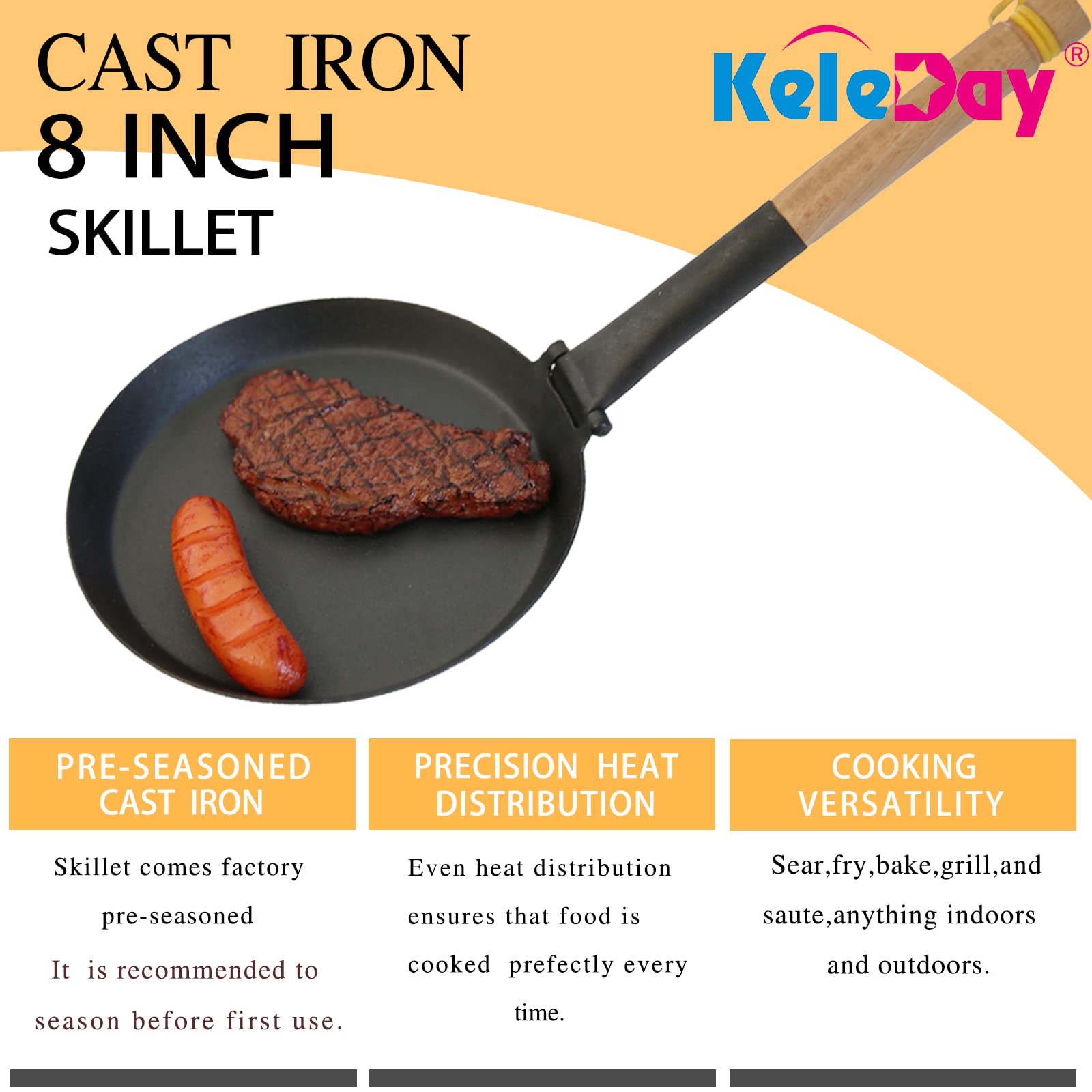 Keleday 8.2 Inch Cast iron Skillets, Non Stick Frying Pan, Cast Iron Griddle Pan for Camping Indoor & Outdoor Use,Pre-Seasoned Grill Pan with Folding Handle for Stove Tops