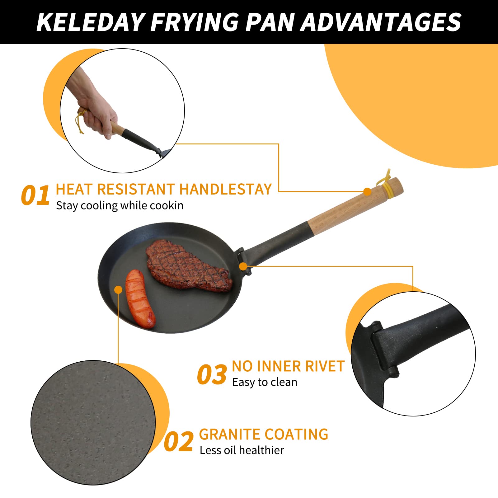 Keleday 8.2 Inch Cast iron Skillets, Non Stick Frying Pan, Cast Iron Griddle Pan for Camping Indoor & Outdoor Use,Pre-Seasoned Grill Pan with Folding Handle for Stove Tops