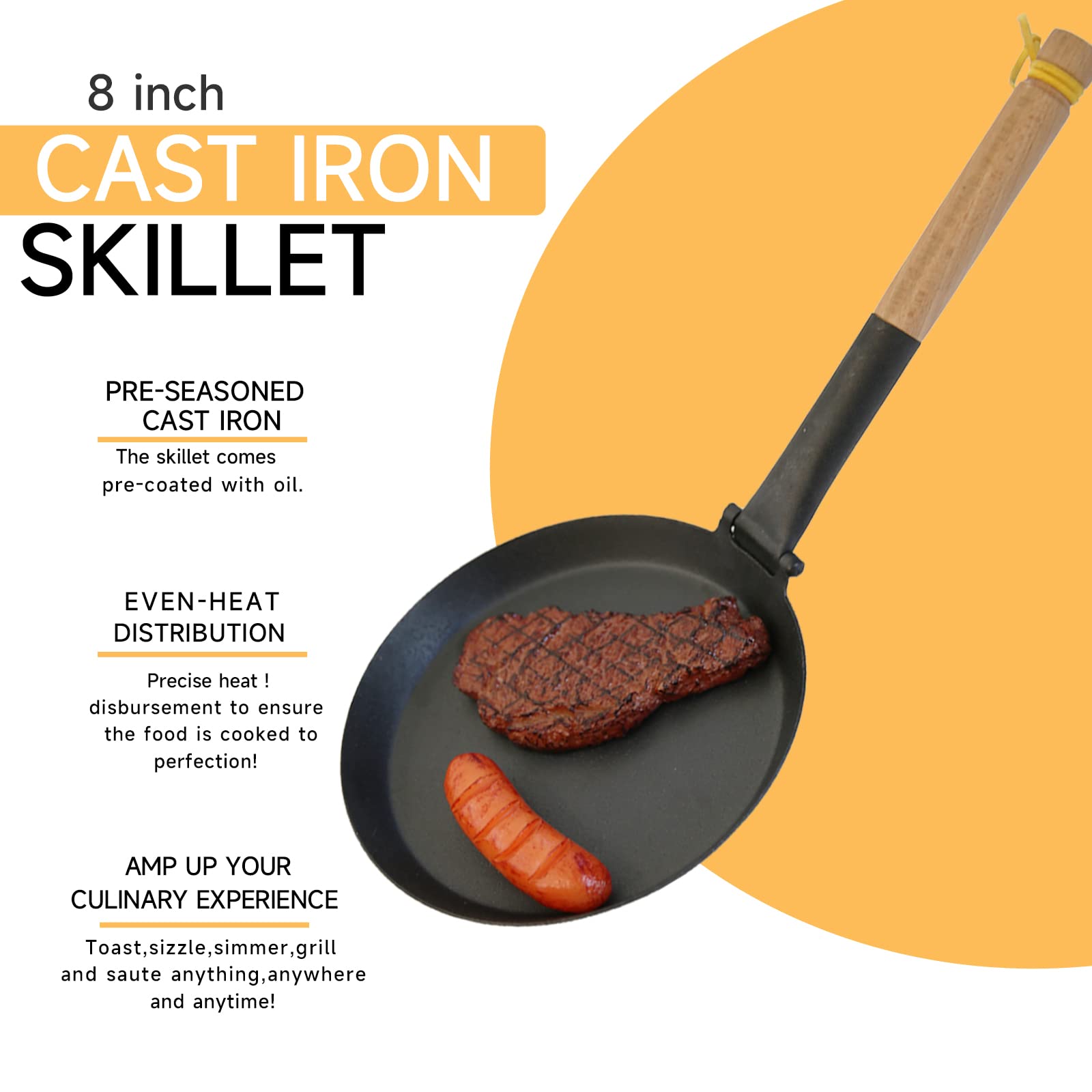 Keleday 8.2 Inch Cast iron Skillets, Non Stick Frying Pan, Cast Iron Griddle Pan for Camping Indoor & Outdoor Use,Pre-Seasoned Grill Pan with Folding Handle for Stove Tops