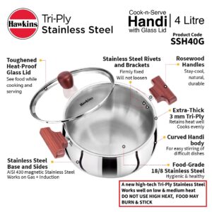 Hawkins 4 Litre Cook n Serve Handi with Glass Lid, Induction Compatible Tri-Ply Stainless Steel Cookware, Cooking Pot, Saucepan, Silver (SSH40G)