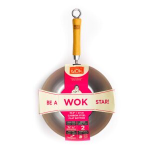 school of wok 10.5" wok | flat bottom | carbon steel | bamboo handle with loop hook | 10.5in/27cm