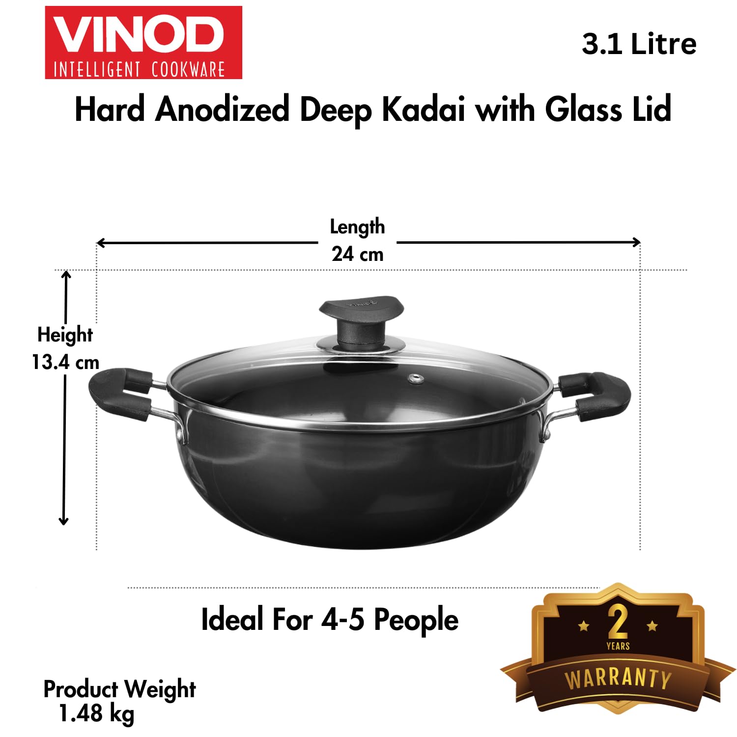 Vinod Black Pearl Hard Anodized Deep Kadhai with Glass Lid – Black - 3.1 Liters (3.2 Quarts) – 24cm – Riveted Handles - Multi-Use Pot/ Wok - Suitable For Indian Cooking, Sauces, Pasta, Stews, Soups