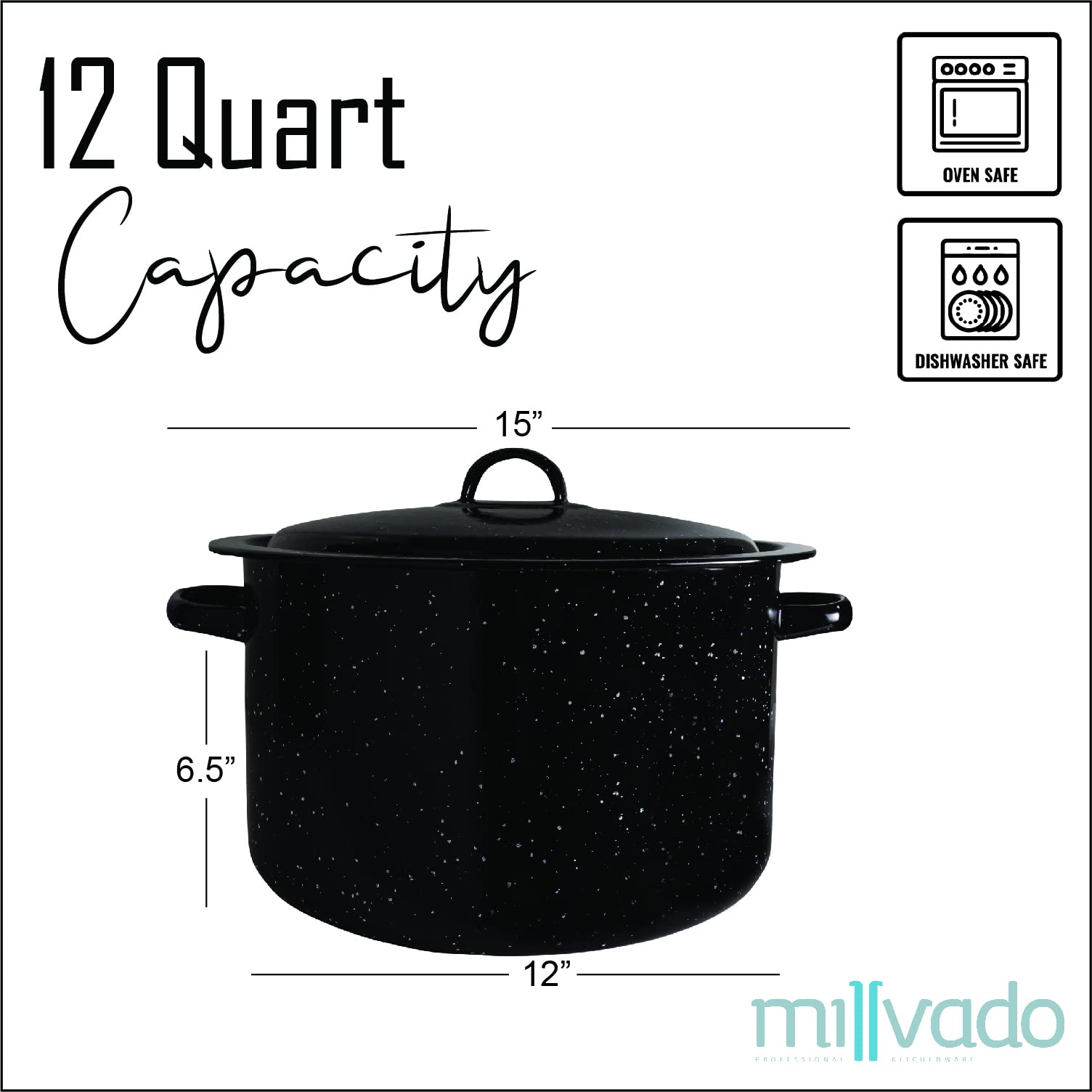 Millvado Granite 12 Qt Stockpot, Nonstick Soup Pot With Lid, Speckled Enamel Ware Cookware, Large Stock Pot For Boiling and Cooking, Big Granite Cooking Pot for Stovetop, Campfire, Outdoor Stove