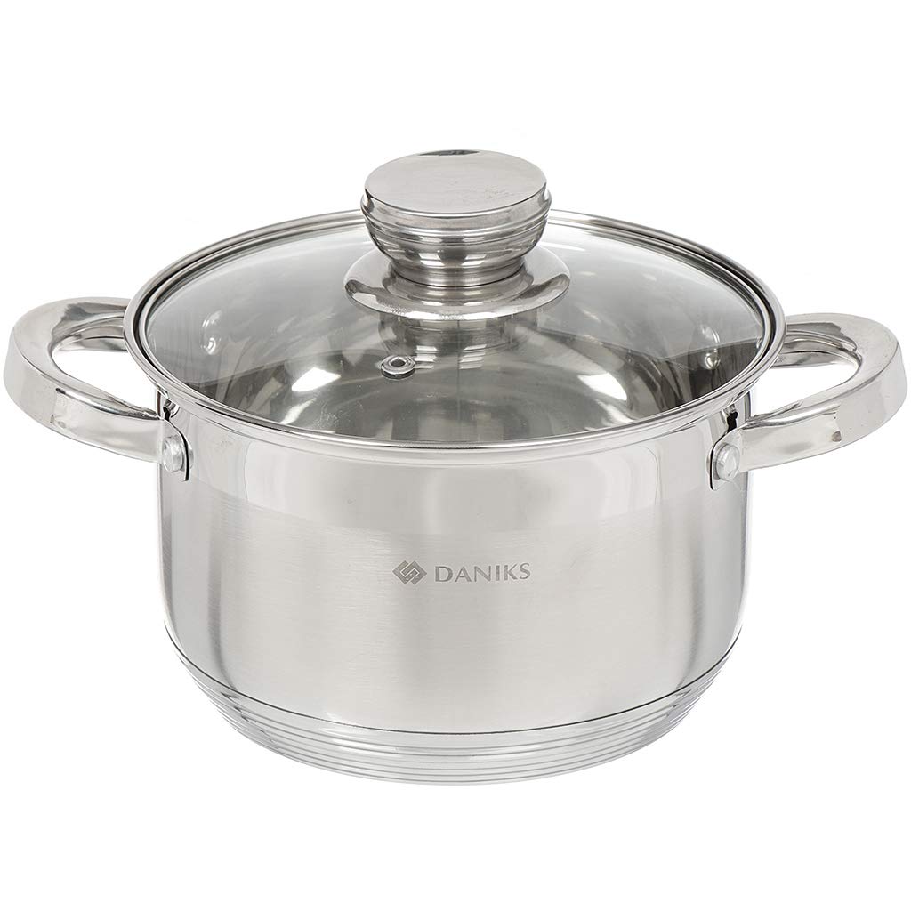 Daniks Standard Stainless Steel Stock Pot with Glass Lid | Induction 3 Quart | Dishwasher Safe Pot | Measuring Scale | Soup Pasta Stew Pot | Silver