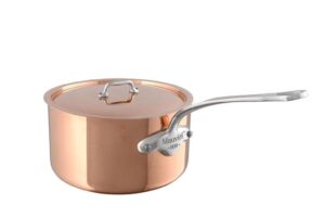 mauviel m'150 s 1.5mm polished copper & stainless steel sauce pan with lid, and cast stainless steel handle, 3.5-qt, made in france