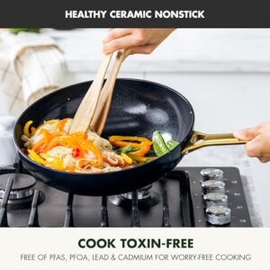 GreenPan Reserve Hard Anodized Healthy Ceramic Nonstick, 11" Wok Pan, Gold Handle, PFAS-Free, Dishwasher & Oven Safe, Black