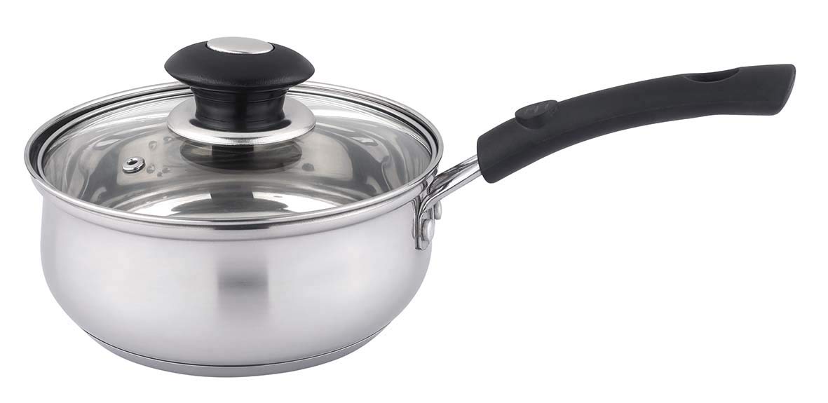 Uniware Stainless Steel 1.0 Quart Saucepan with Glass Lid for All Kitchen Use (1.0 Quart) Silver/Black