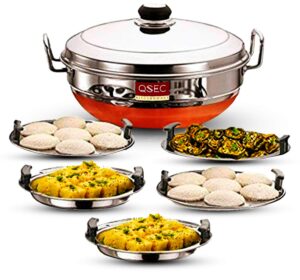 qsec stainless steel idli cooker multi kadai steamer with copper bottom all-in-one big size 5 plate 2 idli | 2 dhokla | 1 patra | momo's | 3 in 1 | 28.5 cm dia.