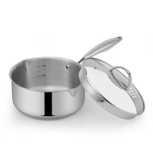 mr rudolf stainless steel saucepan with glass lid, strainer lid, two side spouts for easy pour with ergonomic handle, multipurpose sauce pan with lid, sauce pot (tri-ply capsule bottom, 2.0 quart)