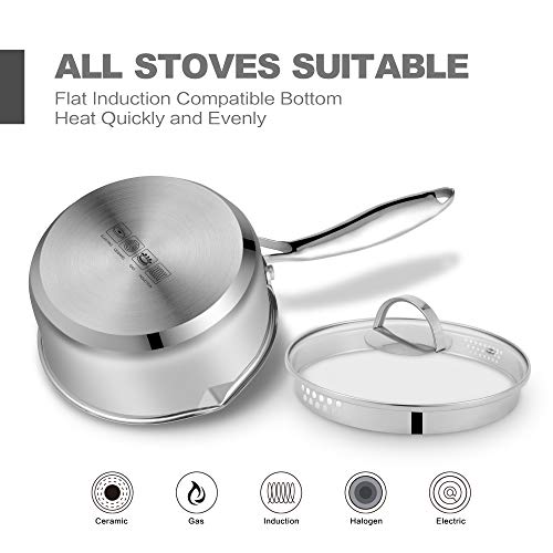 Mr Rudolf Stainless Steel Saucepan with Glass Lid, Strainer Lid, Two Side Spouts for Easy Pour with Ergonomic Handle, Multipurpose Sauce Pan with Lid, Sauce Pot (Tri-Ply Capsule Bottom, 2.0 Quart)