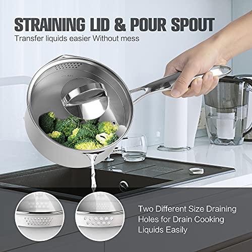 Mr Rudolf Stainless Steel Saucepan with Glass Lid, Strainer Lid, Two Side Spouts for Easy Pour with Ergonomic Handle, Multipurpose Sauce Pan with Lid, Sauce Pot (Tri-Ply Capsule Bottom, 2.0 Quart)