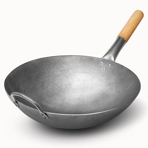 Sunrise Kitchen Supply 1.8 mm Thickness Heavy Duty Hand Hammered Carbon Steel Wok 14 inch, Round Bottom