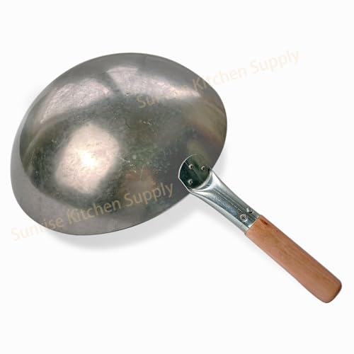 Sunrise Kitchen Supply 1.8 mm Thickness Heavy Duty Hand Hammered Carbon Steel Wok 14 inch, Round Bottom