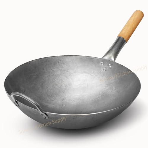 Sunrise Kitchen Supply 1.8 mm Thickness Heavy Duty Hand Hammered Carbon Steel Wok 14 inch, Round Bottom